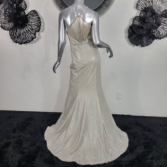 NWT~$490~SPLASH~10~CHAMPAGNE RHINESTONE SIDE SLIT MAXI EVENING GOWN PROM DRESS - Picture 10 of 16